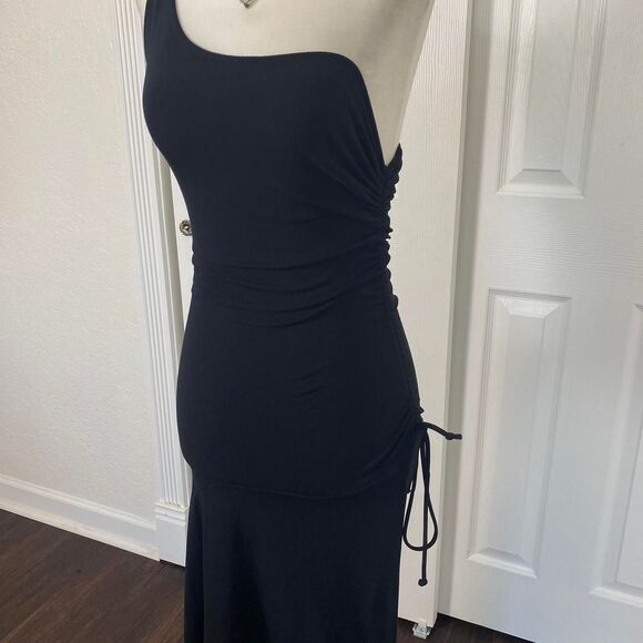 90s Romantic Goth Black Asymmetric One Shoulder Cinched Prom Formal Dress M - Picture 2 of 8
